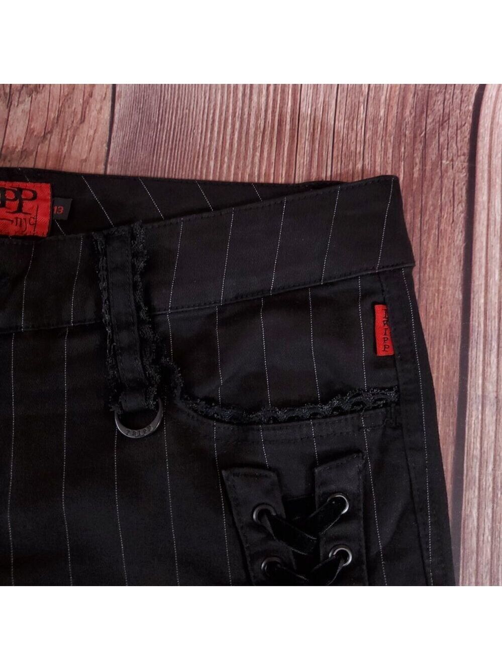 Vtg Tripp NYC Sz 13 Striper Black Tone Boot Cut Pants Pinstripe Goth Punk Y2K - Picture 5 of 15